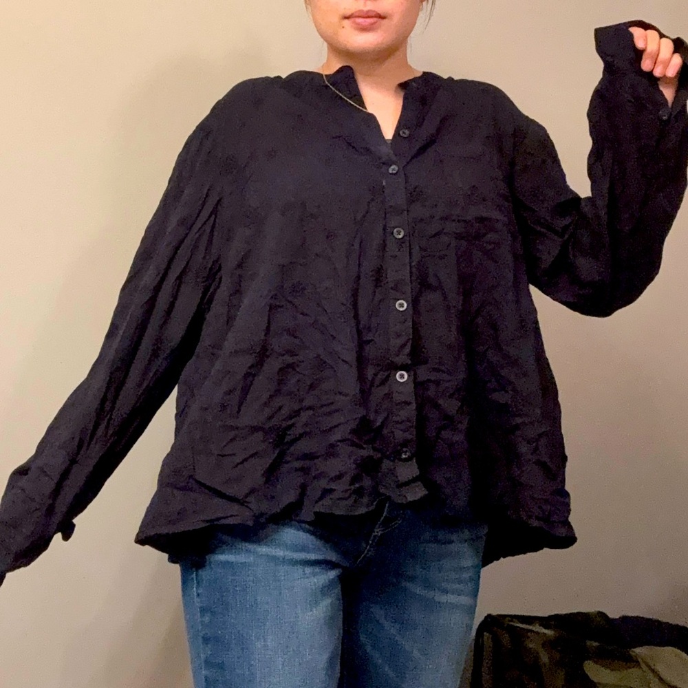 Pilcro Black Oversized Long Sleeve Embroidered Button Down